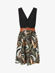 Robe mi-longue sans manches imprimé tropical - Noir - 1