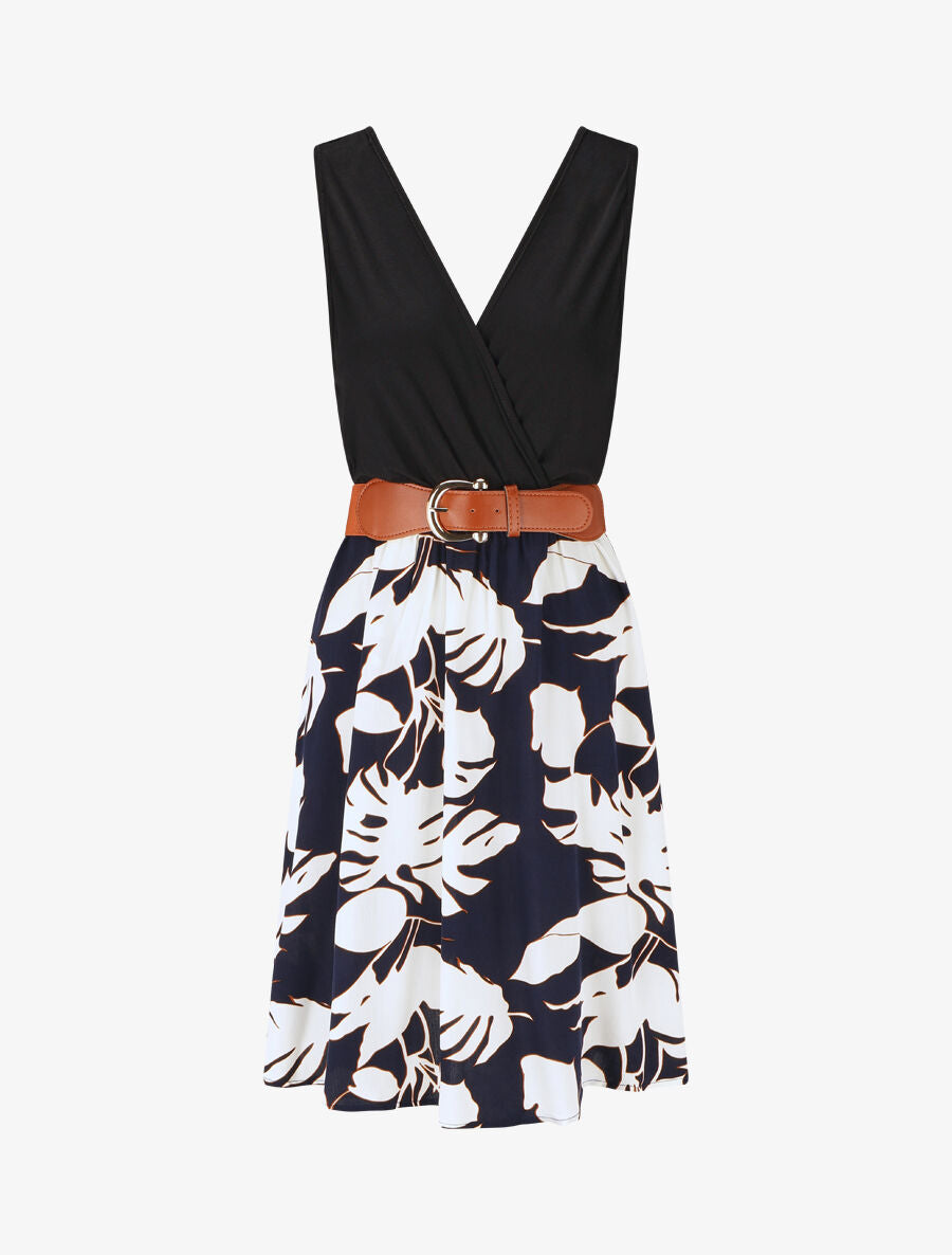 Robe mi-longue sans manches imprimé tropique - Marine - 1