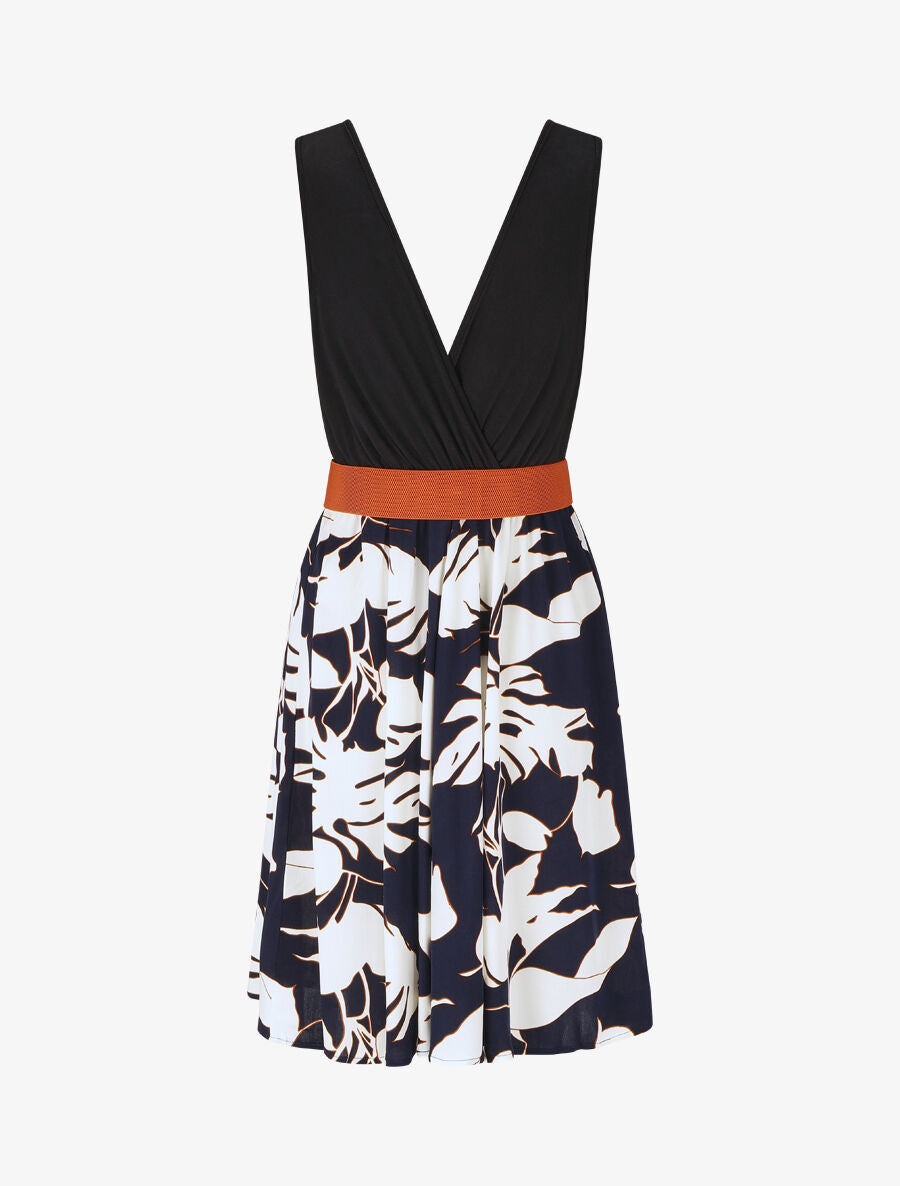 Robe mi-longue sans manches imprimé tropique - Marine - 2
