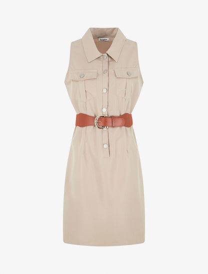 Robe unie style chemise sans manches - Beige - 1