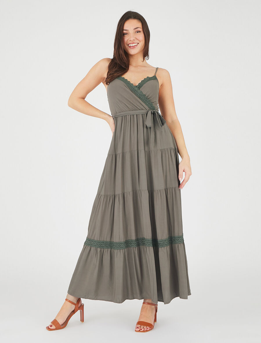Robe longue unie élastiquée - Kaki - 4