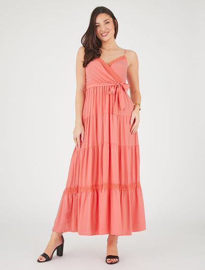 Robe longue unie élastiquée - Corail - 4