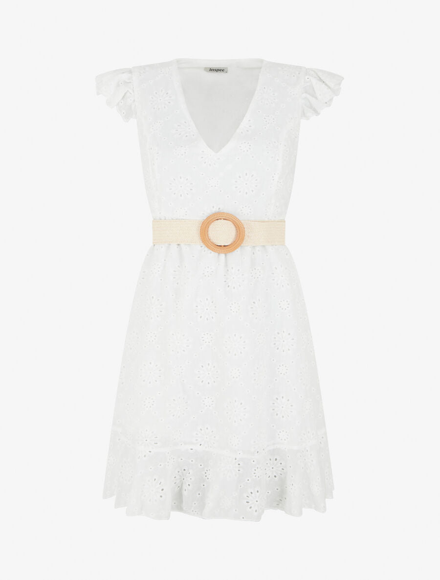 Robe courte évasée en broderie anglaise - Blanc - 1