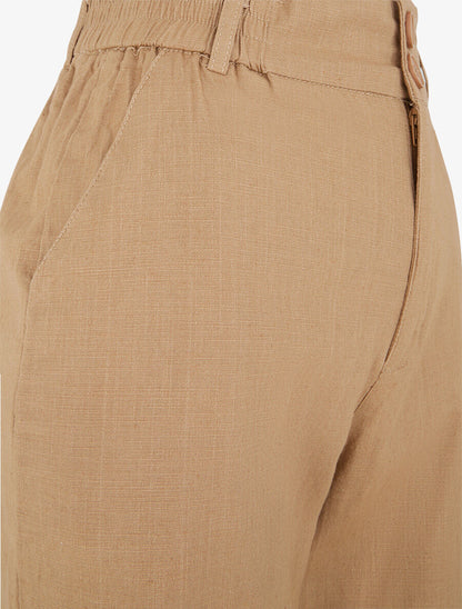 Pantalon ample effet lin à 2 boutons - Camel - 3