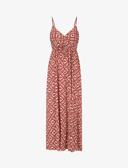 Robe longue à fines bretelles imprimé graphique - Rouge - 1
