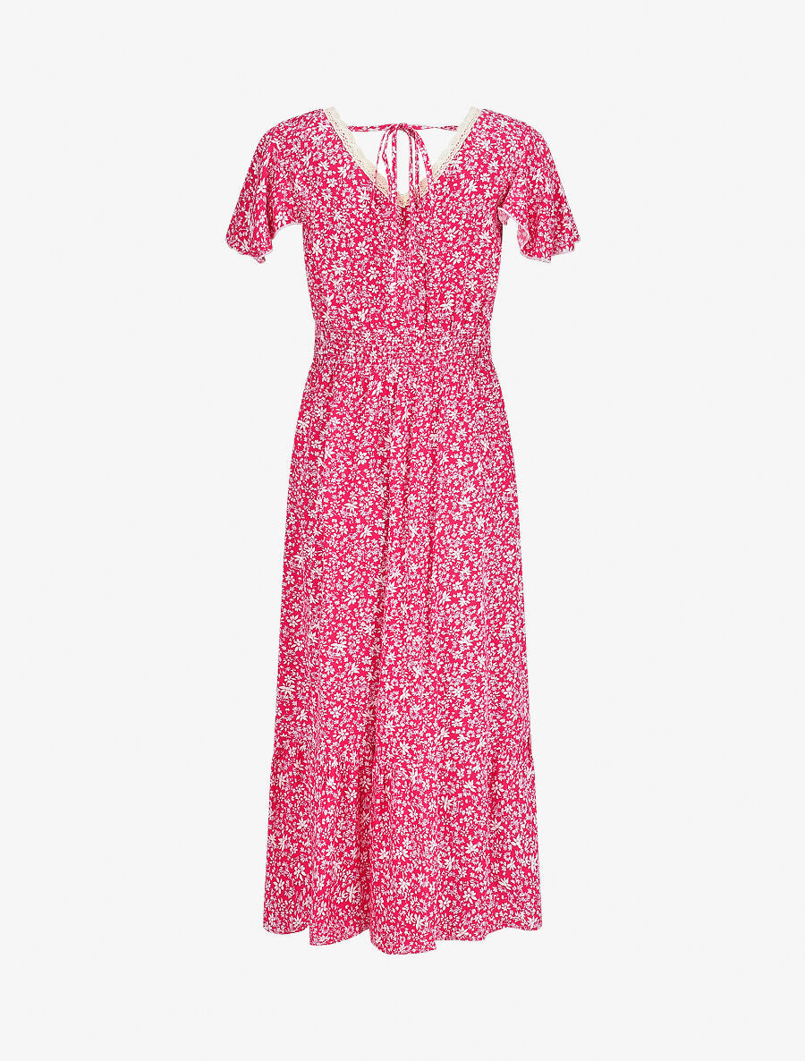 Robe longue manches courtes à petites fleurs - Fushia - 2