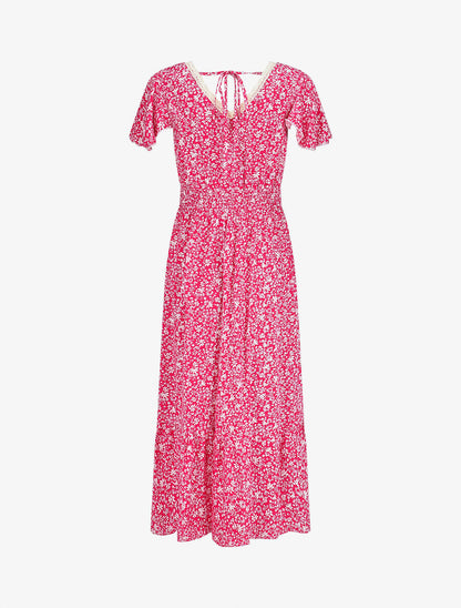 Robe longue manches courtes à petites fleurs - Fushia - 2