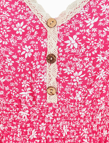 Robe longue manches courtes à petites fleurs - Fushia - 3