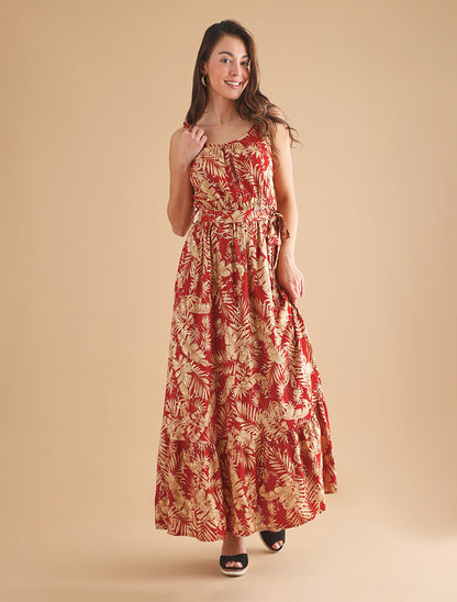 Robe longue imprimé tropical irisé à bretelles - Brique - 4