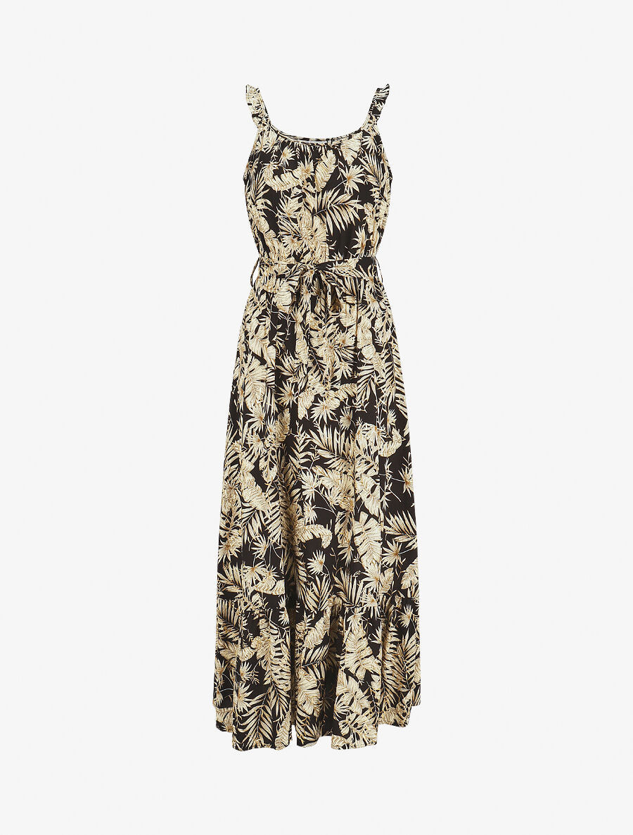 Robe longue imprimé tropical irisé à bretelles - Noir - 4
