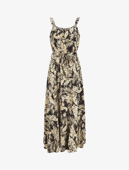Robe longue imprimé tropical irisé à bretelles - Noir - 4