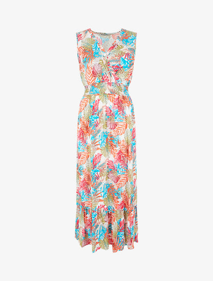 Robe longue évasée imprimé tropical sans manches - Blanc/turquoise - 1