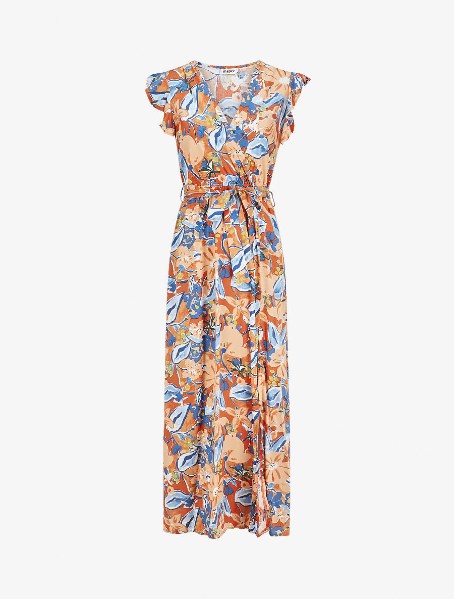 Robe longue à mancherons imprimé fleuri - Orange - 1
