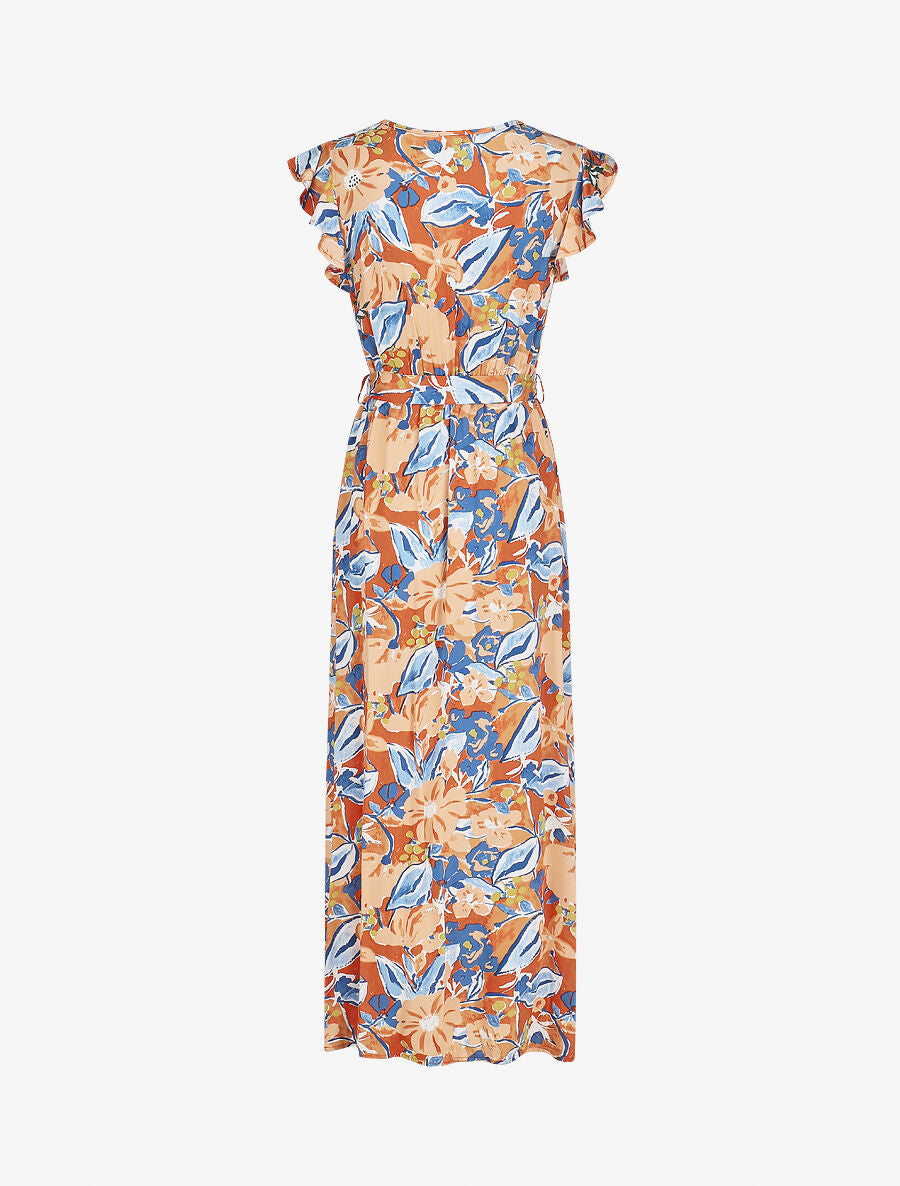 Robe longue à mancherons imprimé fleuri - Orange - 2