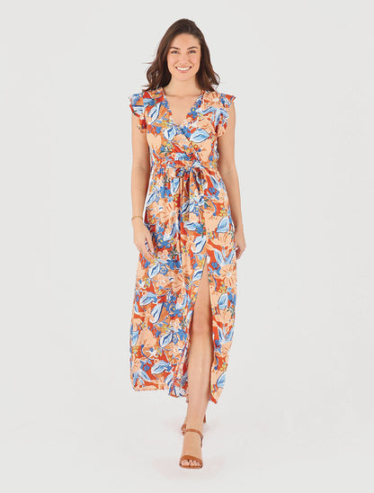 Robe longue à mancherons imprimé fleuri - Orange - 4