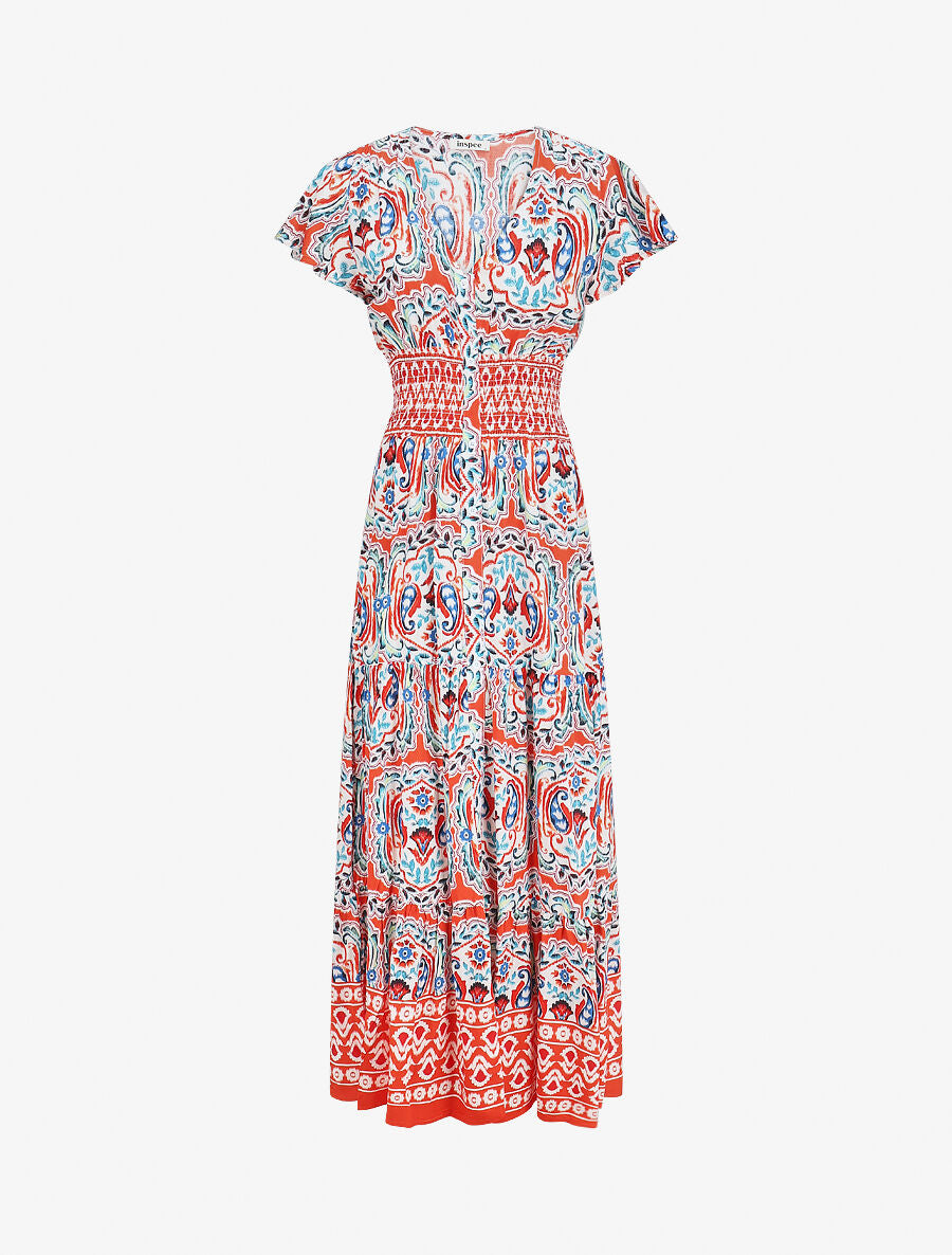 Robe longue à manches courtes imprimé fleurs graphiques - Orange - 1