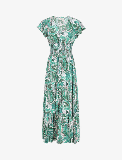 Robe longue à manches courtes imprimé cachemire - Vert - 1