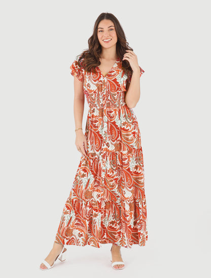 Robe longue à manches courtes imprimé cachemire - Orange - 4