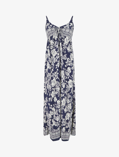 Robe longue empire à liens imprimé à fleurs - Marine - 5