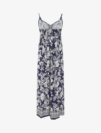 Robe longue empire à liens imprimé à fleurs - Marine - 2