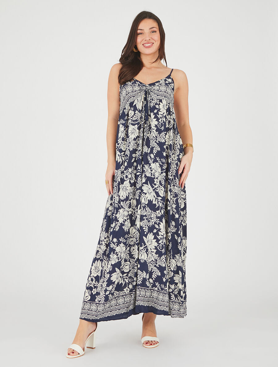 Robe longue empire à liens imprimé à fleurs - Marine - 4