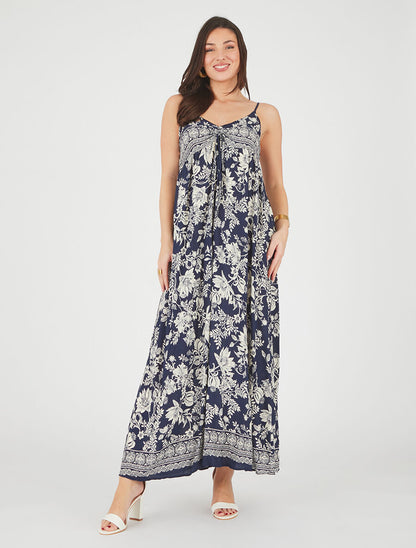 Robe longue empire à liens imprimé à fleurs - Marine - 4