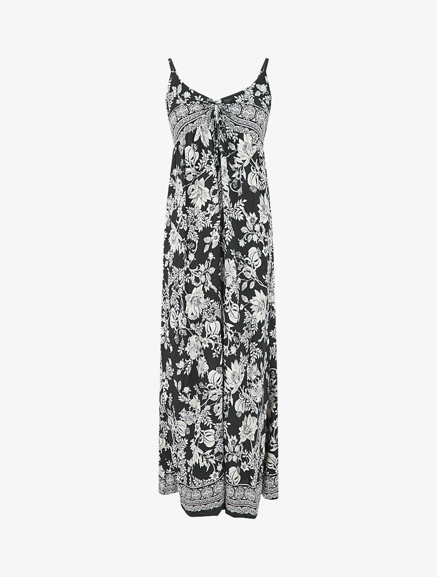 Robe longue empire à liens imprimé à fleurs - Noir - 5