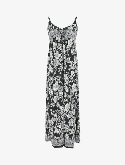 Robe longue empire à liens imprimé à fleurs - Noir - 5