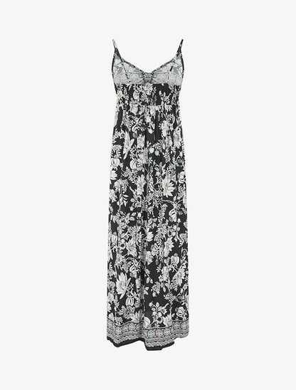 Robe longue empire à liens imprimé à fleurs - Noir - 2