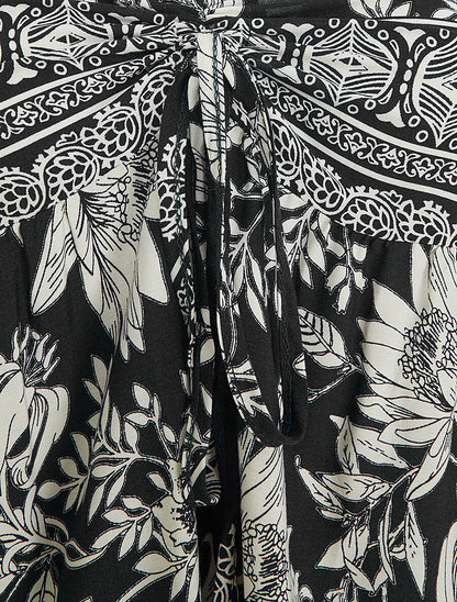 Robe longue empire à liens imprimé à fleurs - Noir - 3