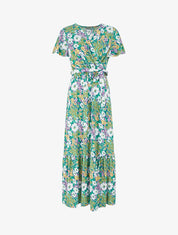 Robe longue fleurie à boutons décoratifs - Vert - 1