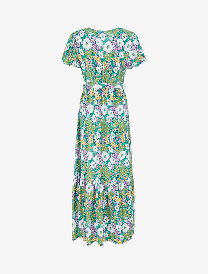 Robe longue fleurie à boutons décoratifs - Vert - 2