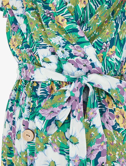 Robe longue fleurie à boutons décoratifs - Vert - 3