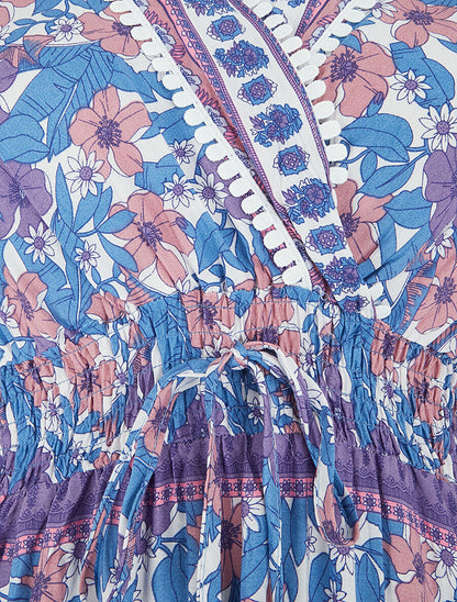 Robe fleurie à cordons de serrage - Bleu - 3