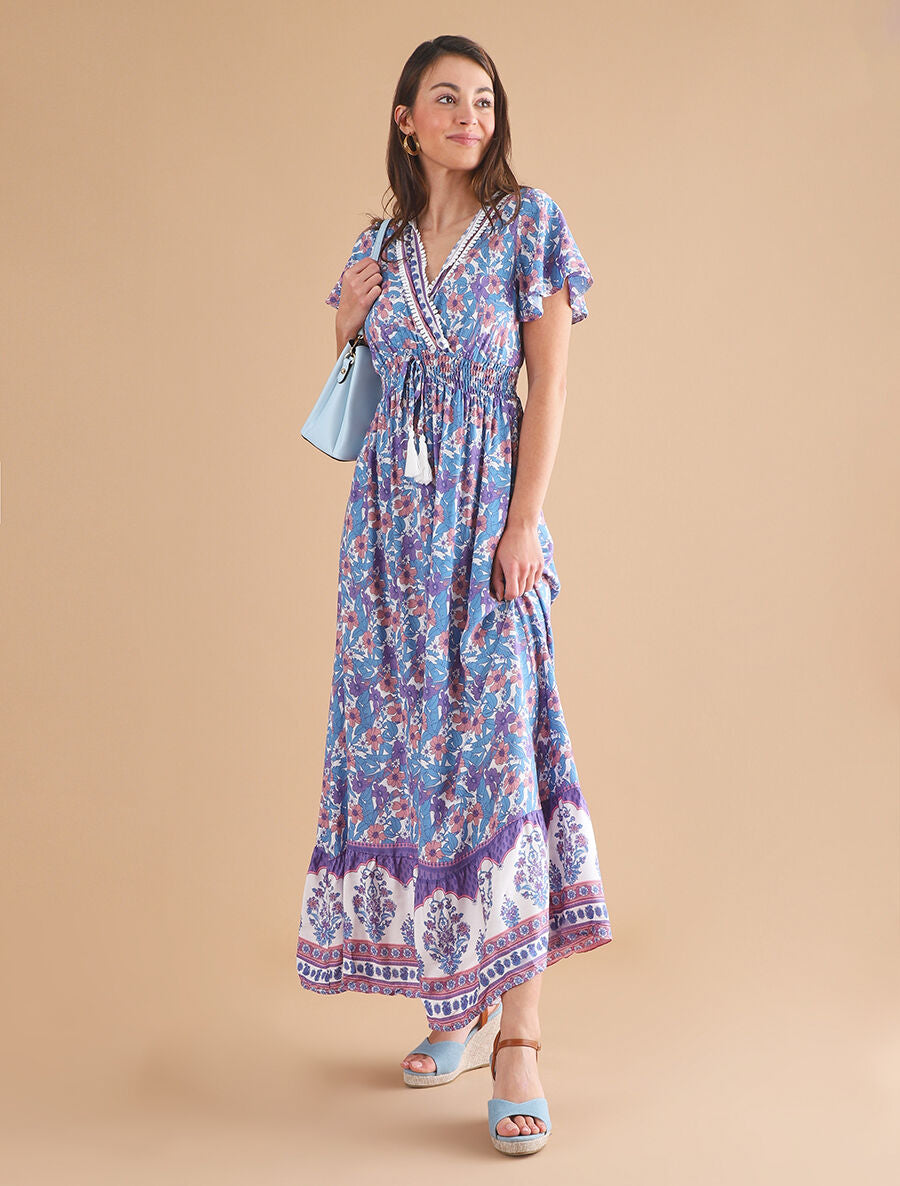 Robe fleurie à cordons de serrage - Bleu - 4