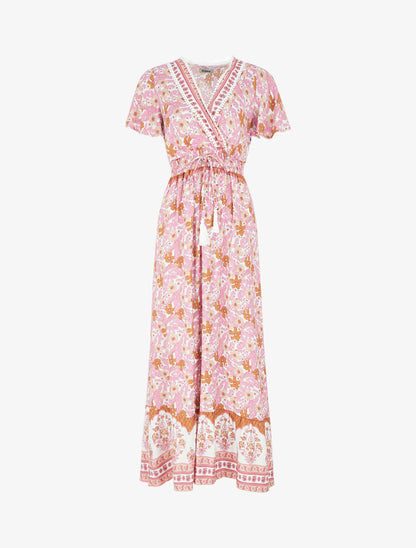 Robe fleurie à cordons de serrage - Rose - 5