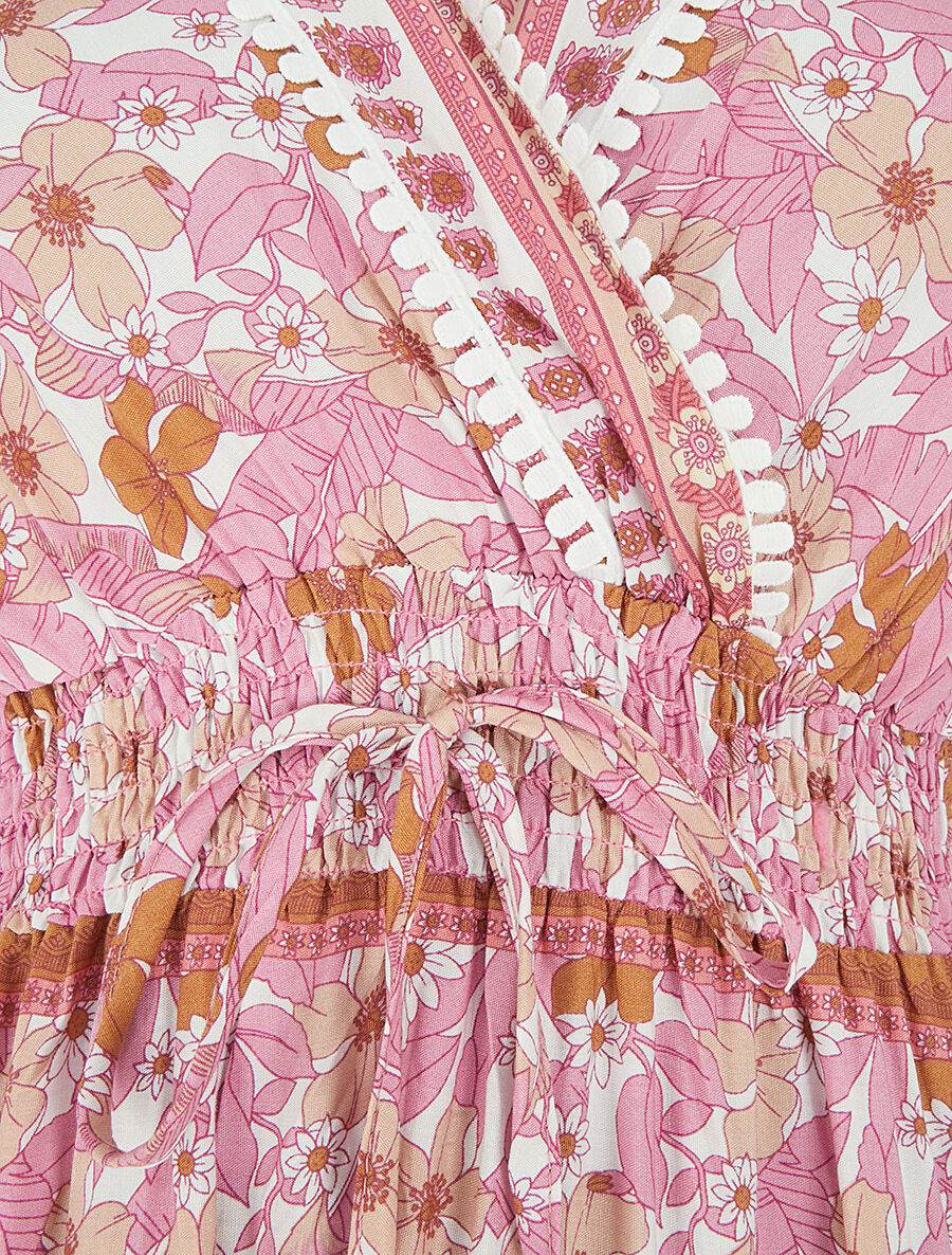 Robe fleurie à cordons de serrage - Rose - 3
