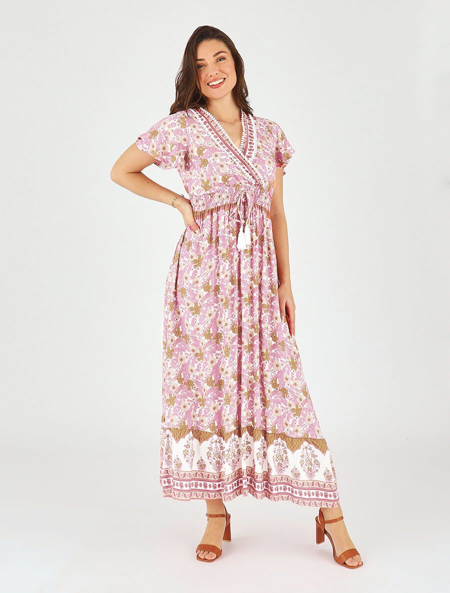 Robe fleurie à cordons de serrage - Rose - 4