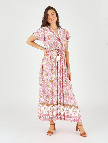 Robe fleurie à cordons de serrage - Rose - 4