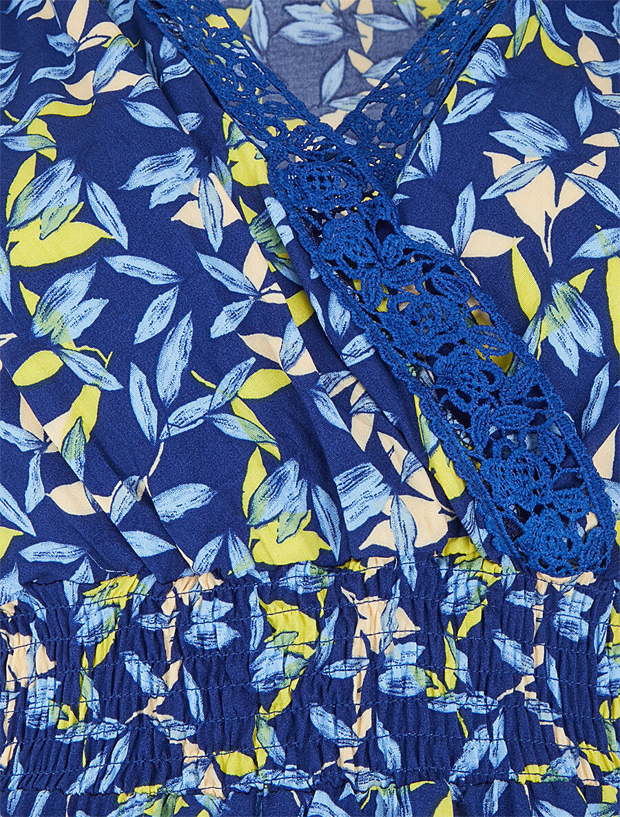 Robe imprimé petites feuilles à col cache-coeur - Marine - 3