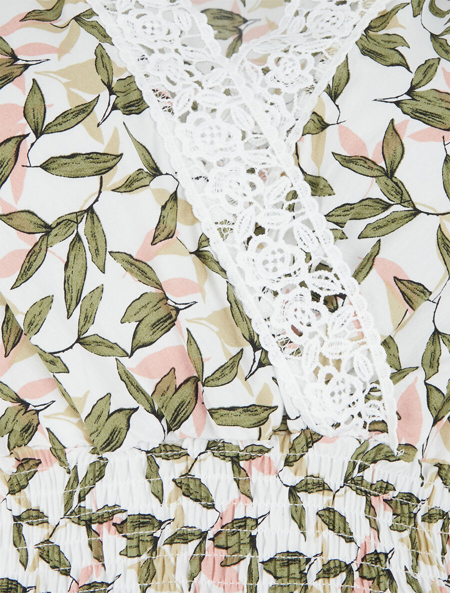 Robe imprimé petites feuilles à col cache-coeur - Blanc - 3