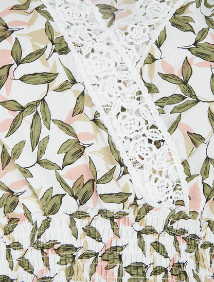 Robe imprimé petites feuilles à col cache-coeur - Blanc - 3