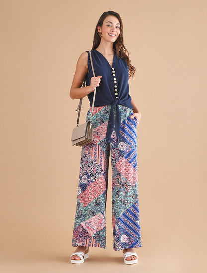 Pantalon fluide élastiqué imprimé fantaisie - Rose - 4