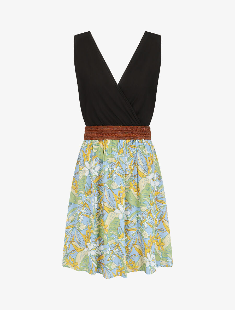 Robe élastiquée à jupe imprimé fleuri - Jaune - 1
