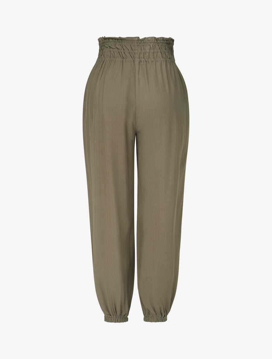 Pantalon uni à bords élastiqués et boutons décoratifs - Kaki - 2