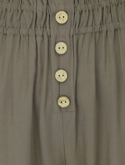 Pantalon uni à bords élastiqués et boutons décoratifs - Kaki - 3