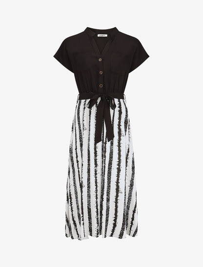 Robe longue élastiquée à jupe imprimé rayures - Blanc - 1