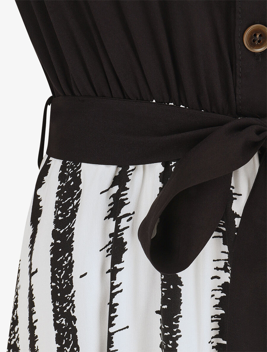 Robe longue élastiquée à jupe imprimé rayures - Blanc - 3