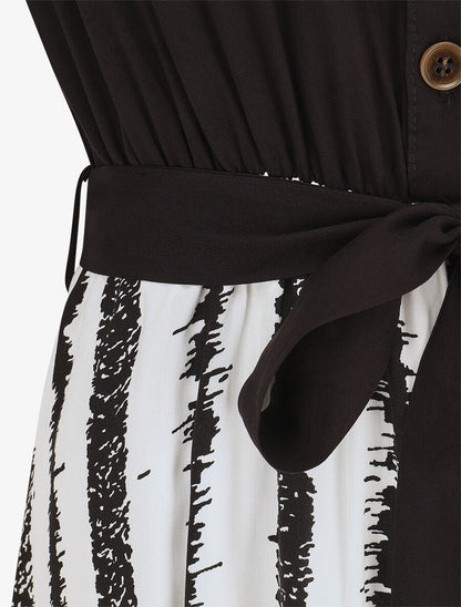 Robe longue élastiquée à jupe imprimé rayures - Blanc - 3