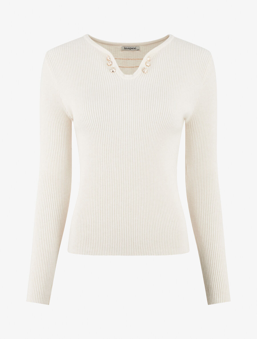 Pull côtelé ajusté à col bijoux - Écru - 5